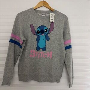 Disney Stitch Womens Heather Gray Graphic Sweatshirt Pink Blue Sleeve Stripes M